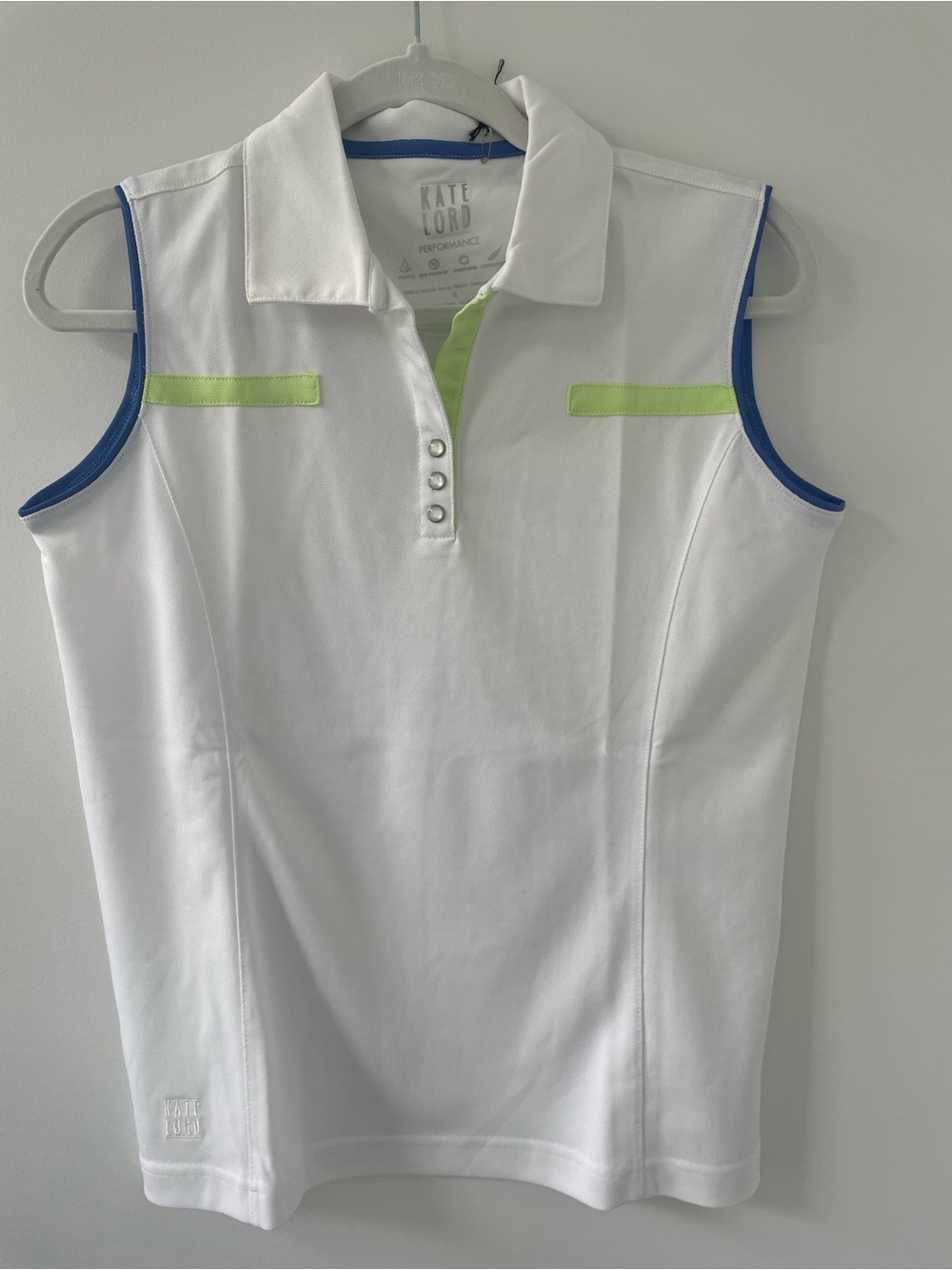 Kate Lord White Sleeveless Polo with Lime & Blue Trim